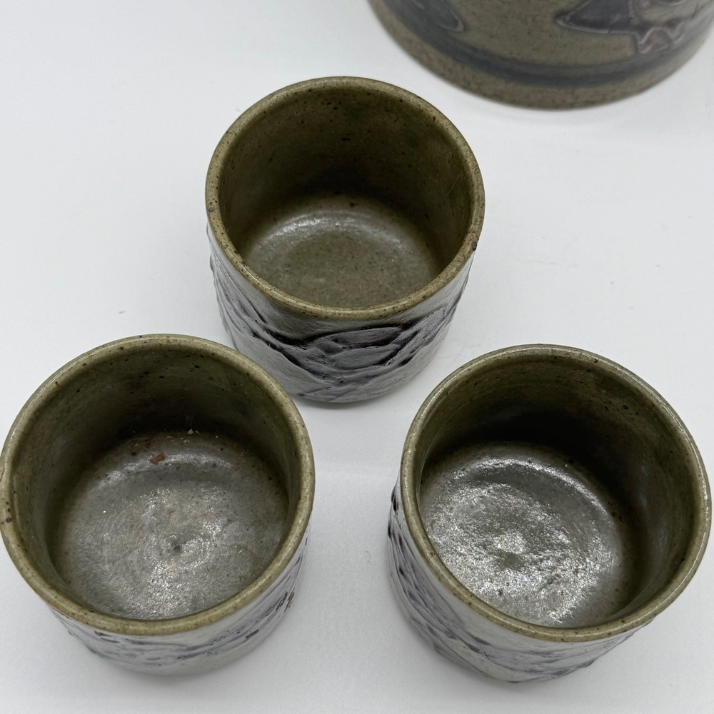 Vintage Japanese Studio Pottery Teapot 3 Cup Set Wabi Sabi Reed Cane Handle - Picture 7 of 12